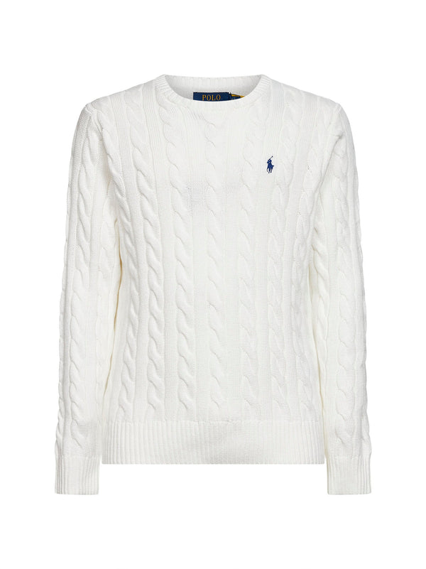 White Cable Knit Cotton Crewneck Sweater Natural (veg) ->