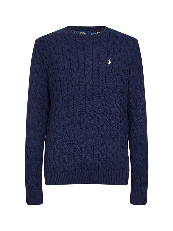 Crewneck Cable Knit Sweater Bright Navy Blue Cotton