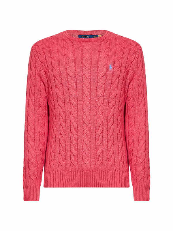 Crewneck Sweater Cable-Knit Cotton Fuchsia