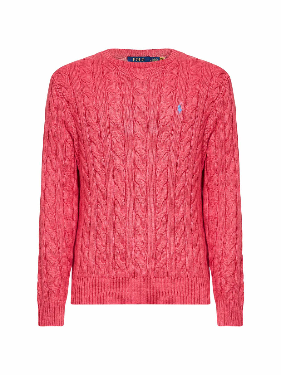 Crewneck Sweater Cable-Knit Cotton Fuchsia