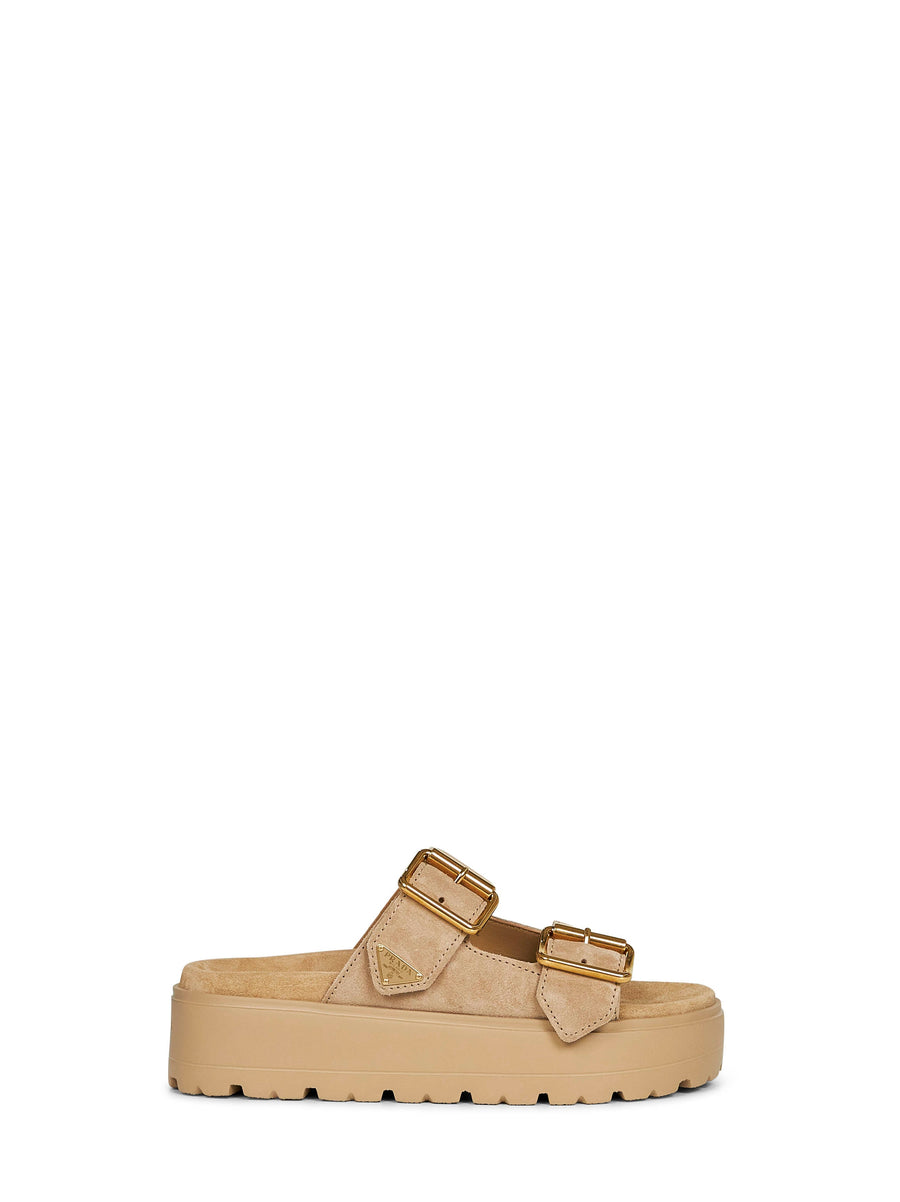 Ecru Suede Leather Double-Strap Sandals Calf
