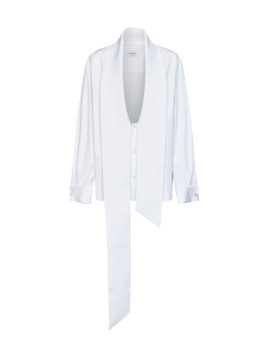 Poplin Shirt With Lavallière Collar, White Cotton