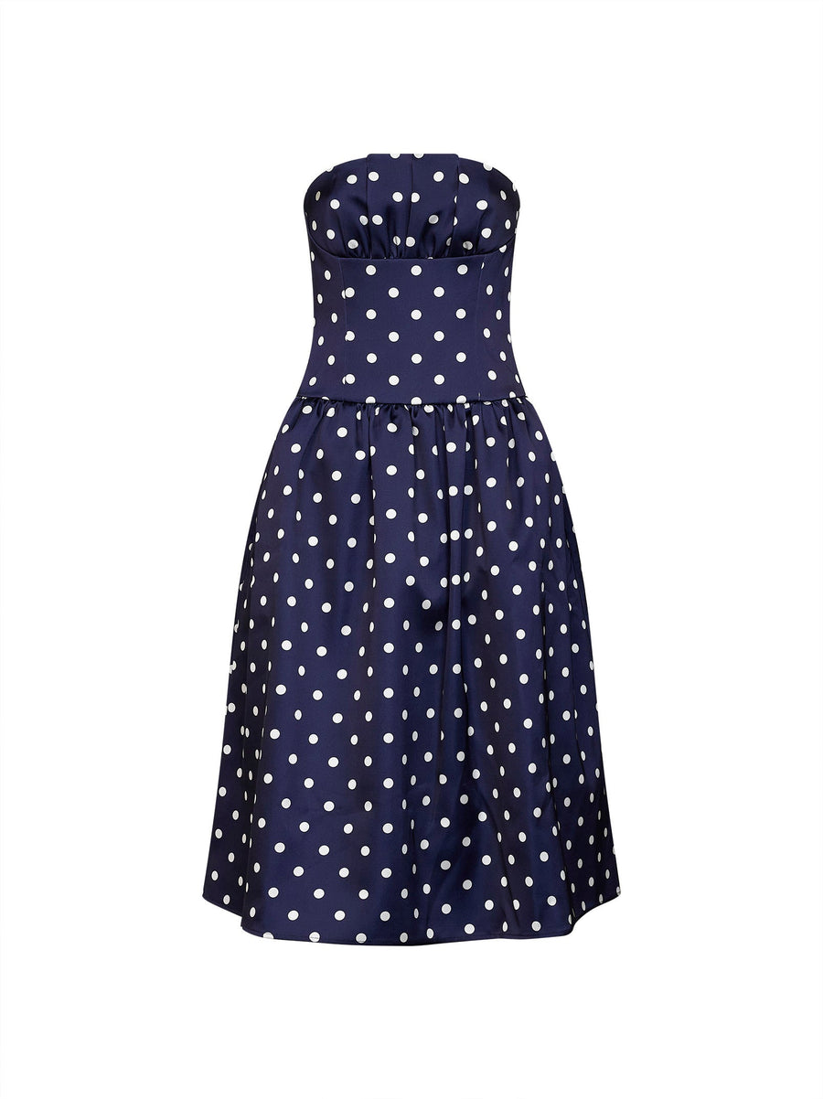 Strapless Satin Midi Dress Navy Blue Polka Dot Polyester