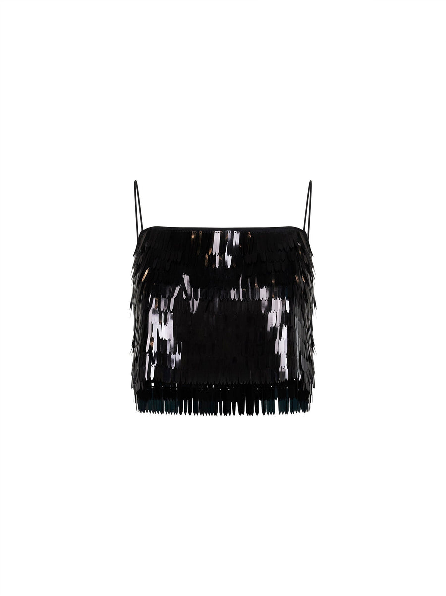 Cropped Sequin Top Black Polyester Tops