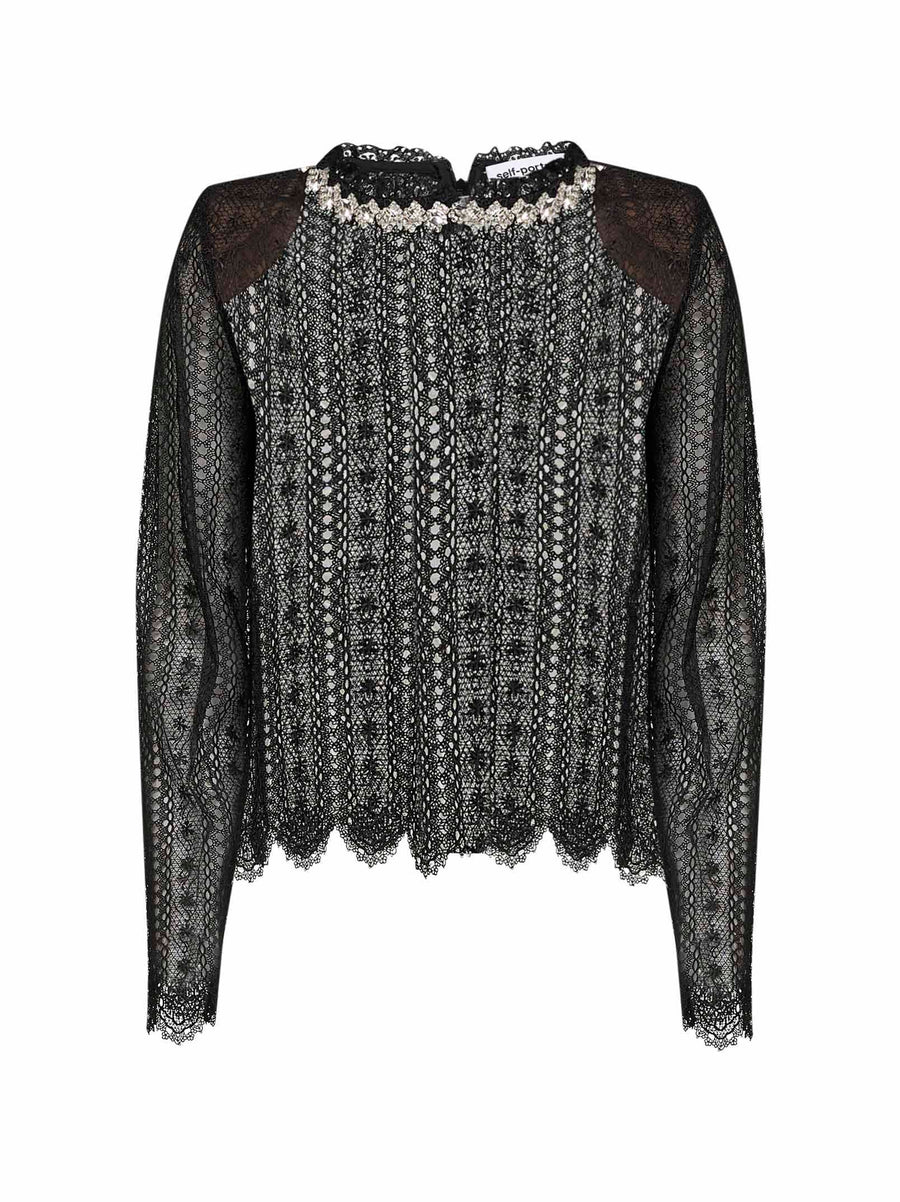 Black Organza Lace Crystal-Embellished Top Polyester Tops
