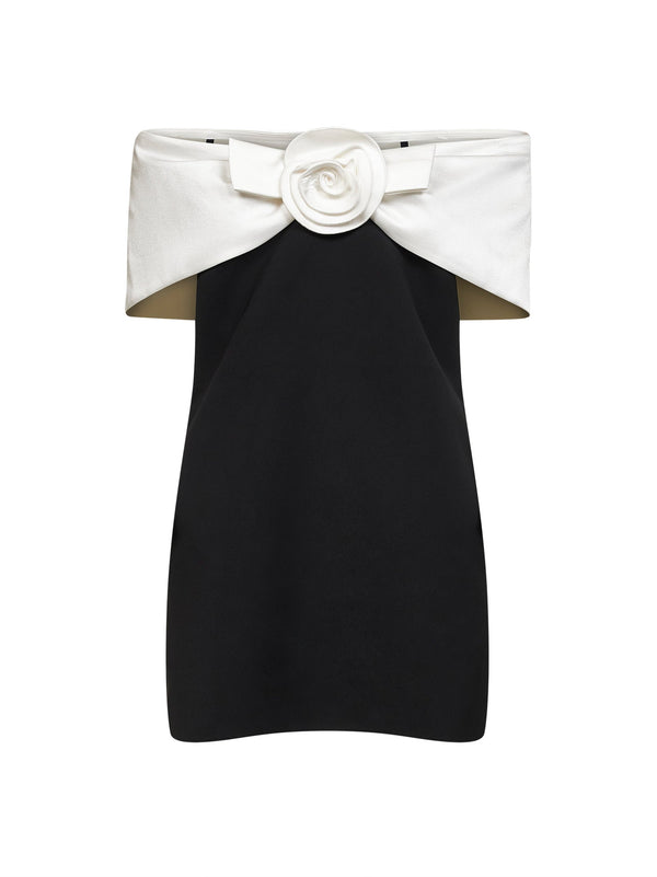 Black Crepe Flower Mini Dress Polyester