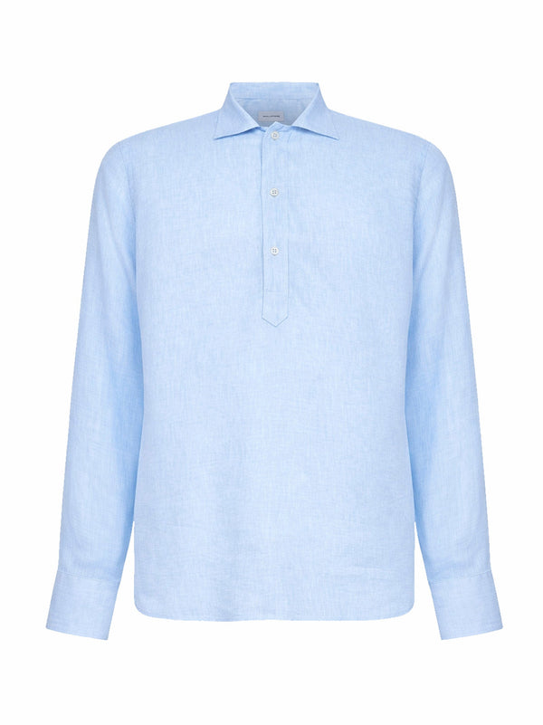 Polo-Style Linen Shirt Light Blue