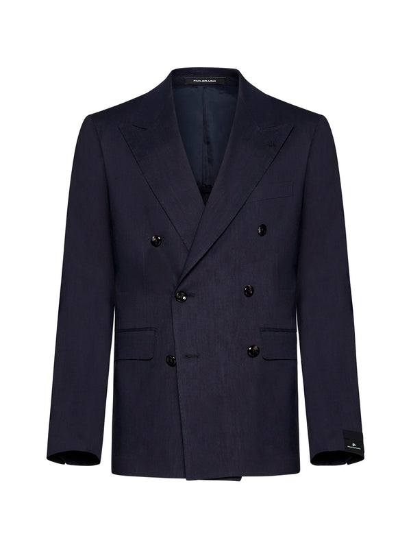 Linen And Wool-Blend Double-Breasted Blazer Blue Jacket