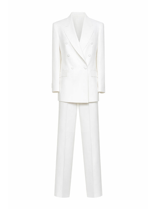 Suit Double-Breasted White Linen Trouser Suits