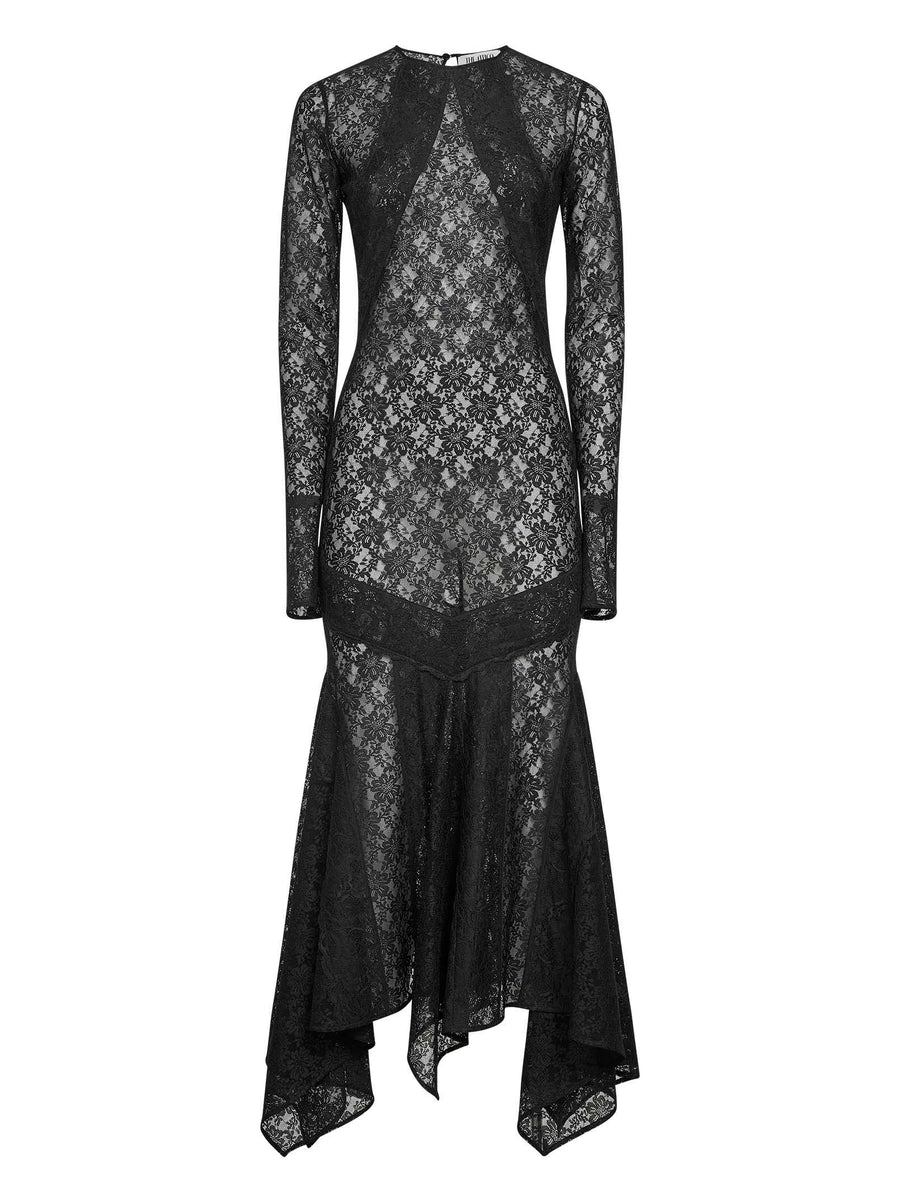 Black Stretch Lace Asymmetric Midi Dress Polyamide