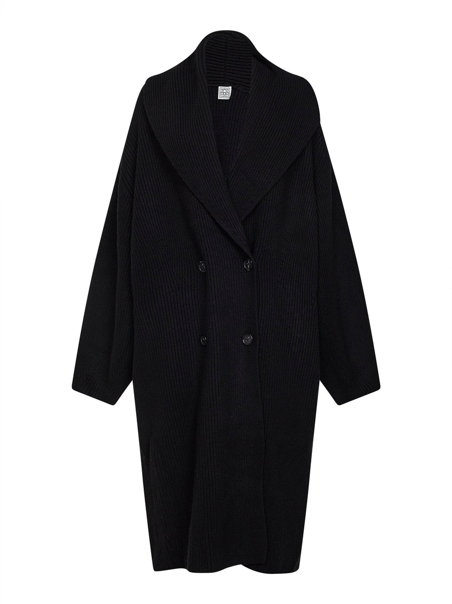 Black Ribbed Wool Shawl-Lapel Long Cardigan Cardigans