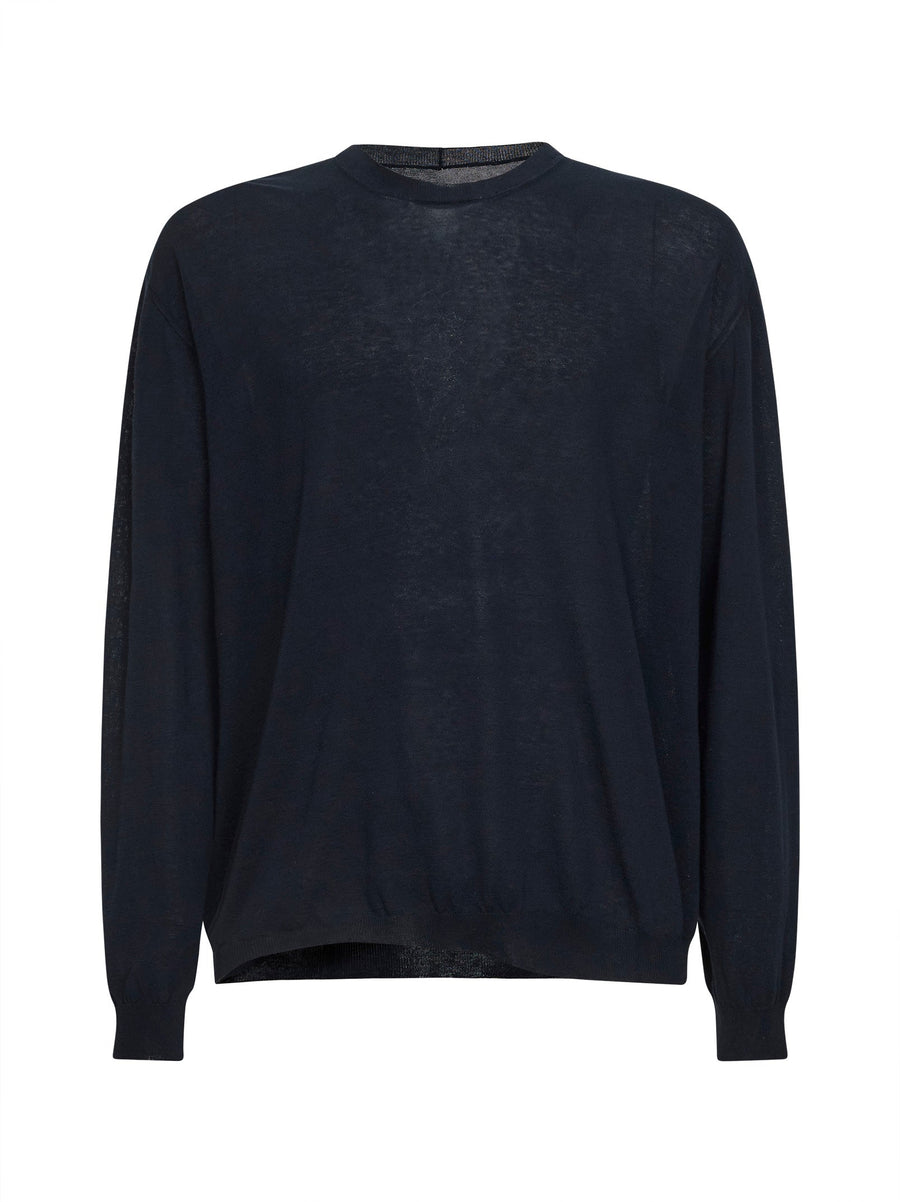 Blue Wool And Silk Crepe Crewneck Sweater Cotton