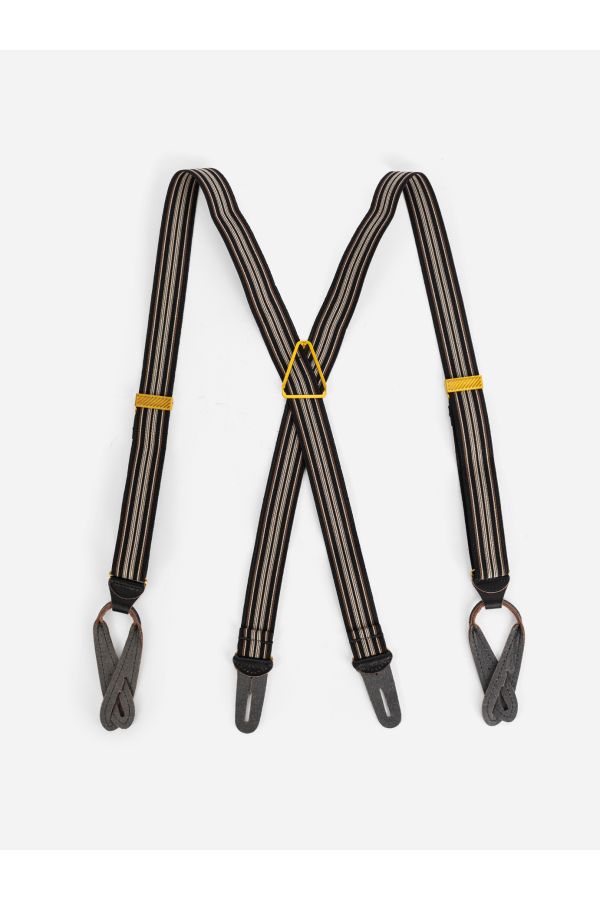 Taiga Takahashi Elastic webbing with black and brown striped weave suspenders in black