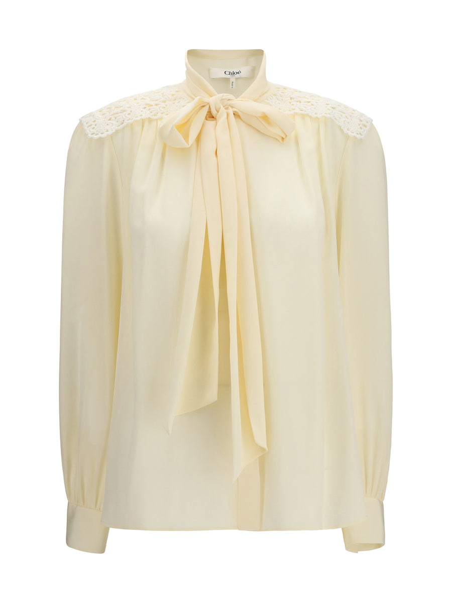Blouse With Embroidered Shoulders, Pristine White Polyester Shirt