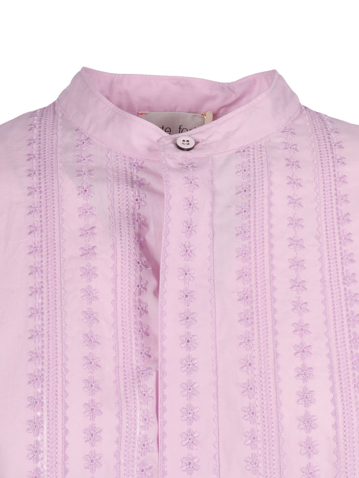 Masculine Poplin Shirt With Les Fleurs Embroidery Pink Cotton