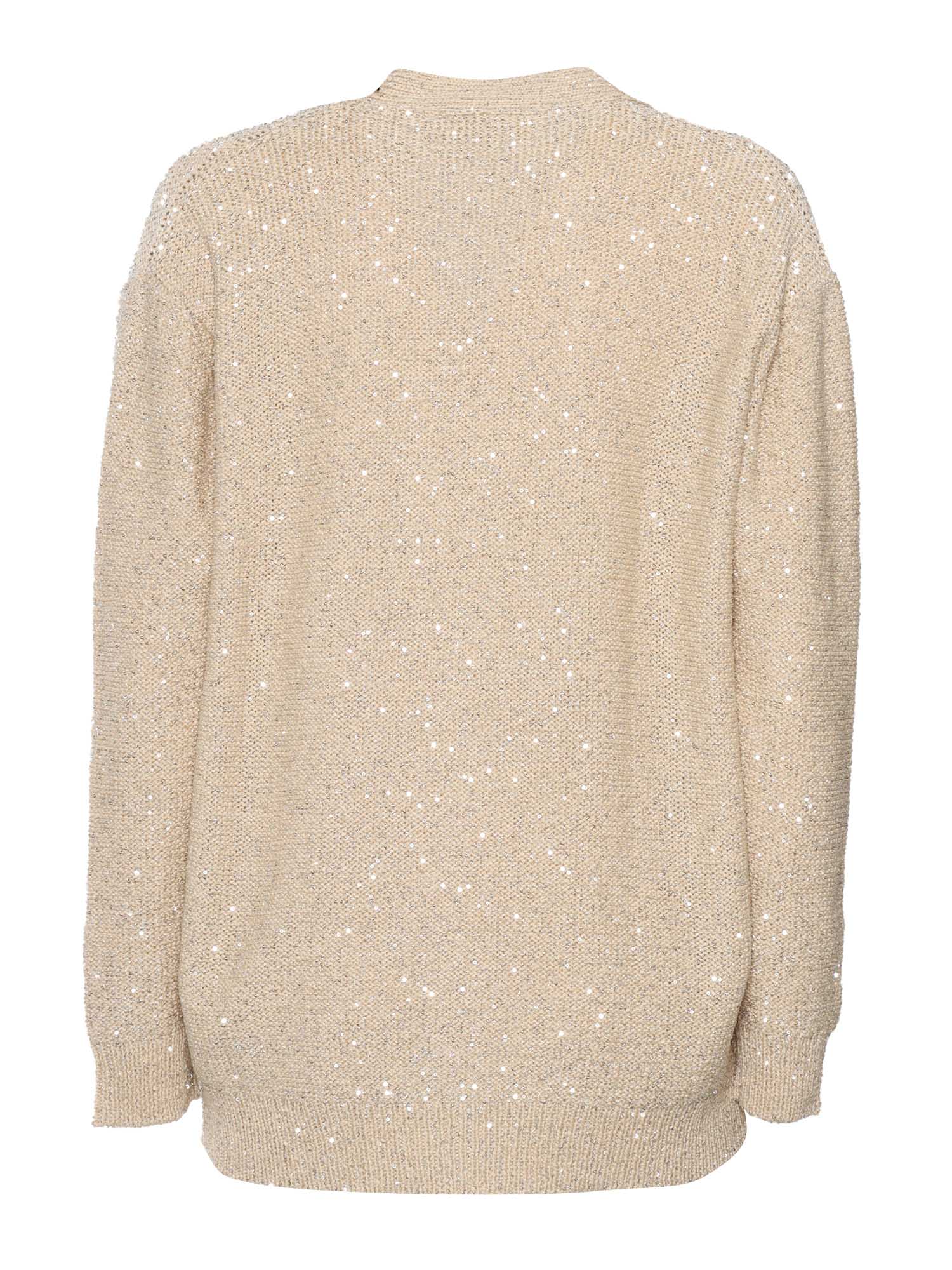 SEQUIN COTTON RIBBON V NECK CARDIGAN Beige Polyamide Polyester