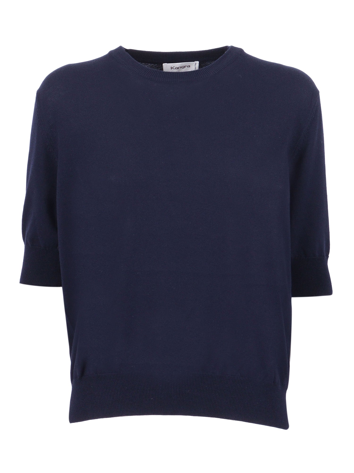 Regular Fit Short-Sleeved Crew Neck Sweater Plain Knit Blue Cotton Crewneck