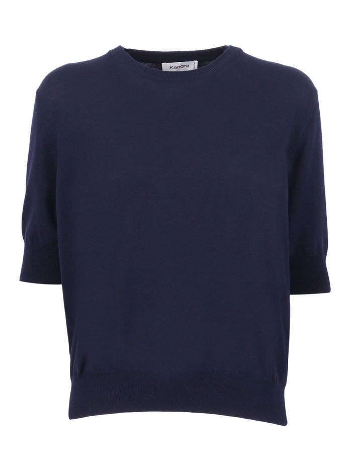 Regular Fit Short-Sleeved Crew Neck Sweater Plain Knit Blue Cotton Crewneck