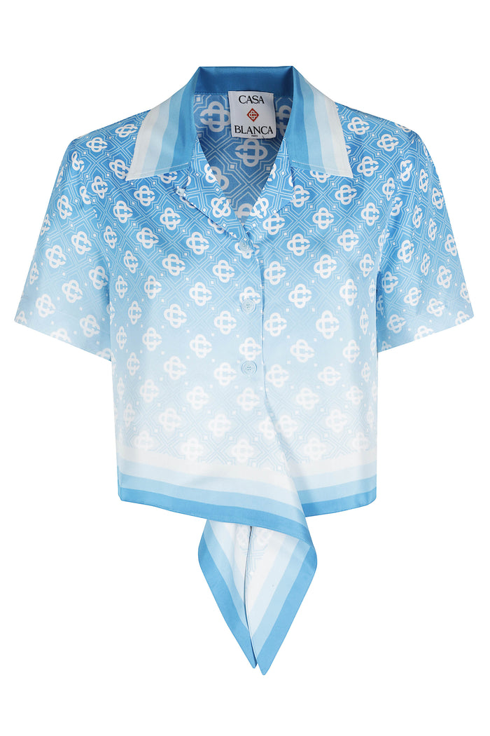 Cropped Knotted Shirt Blue Silk Camicia