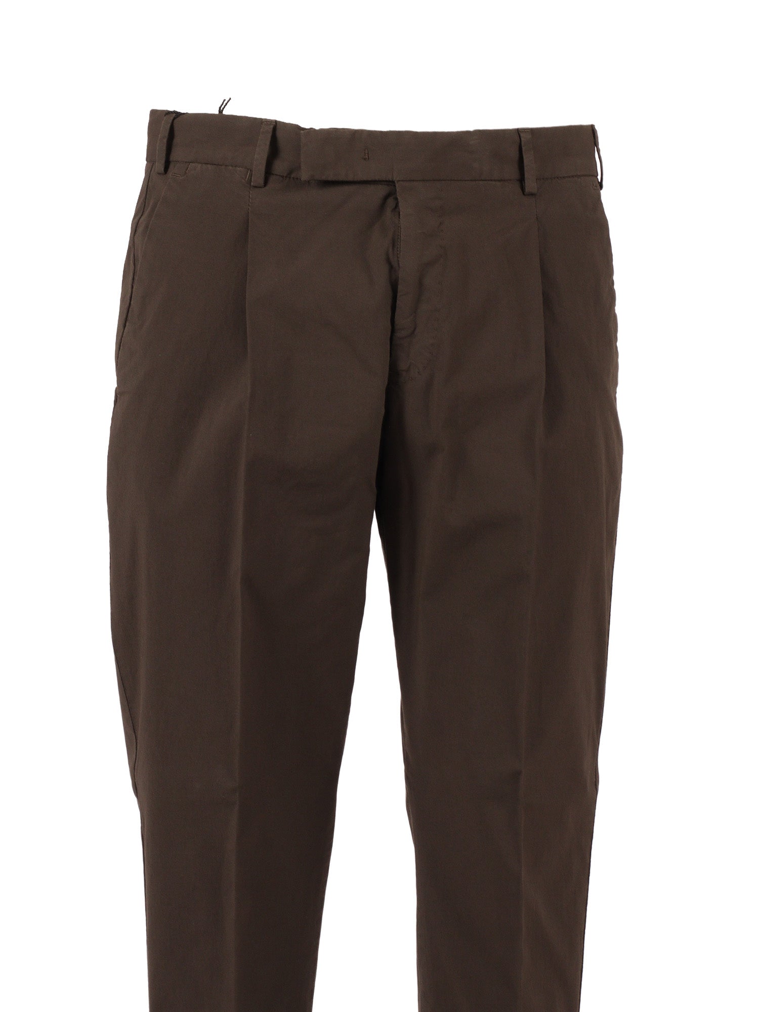 REBEL 1 Pleat, Diagonal Pockets, Flap Back Turn-Up Brown Cotton Elastane Pant