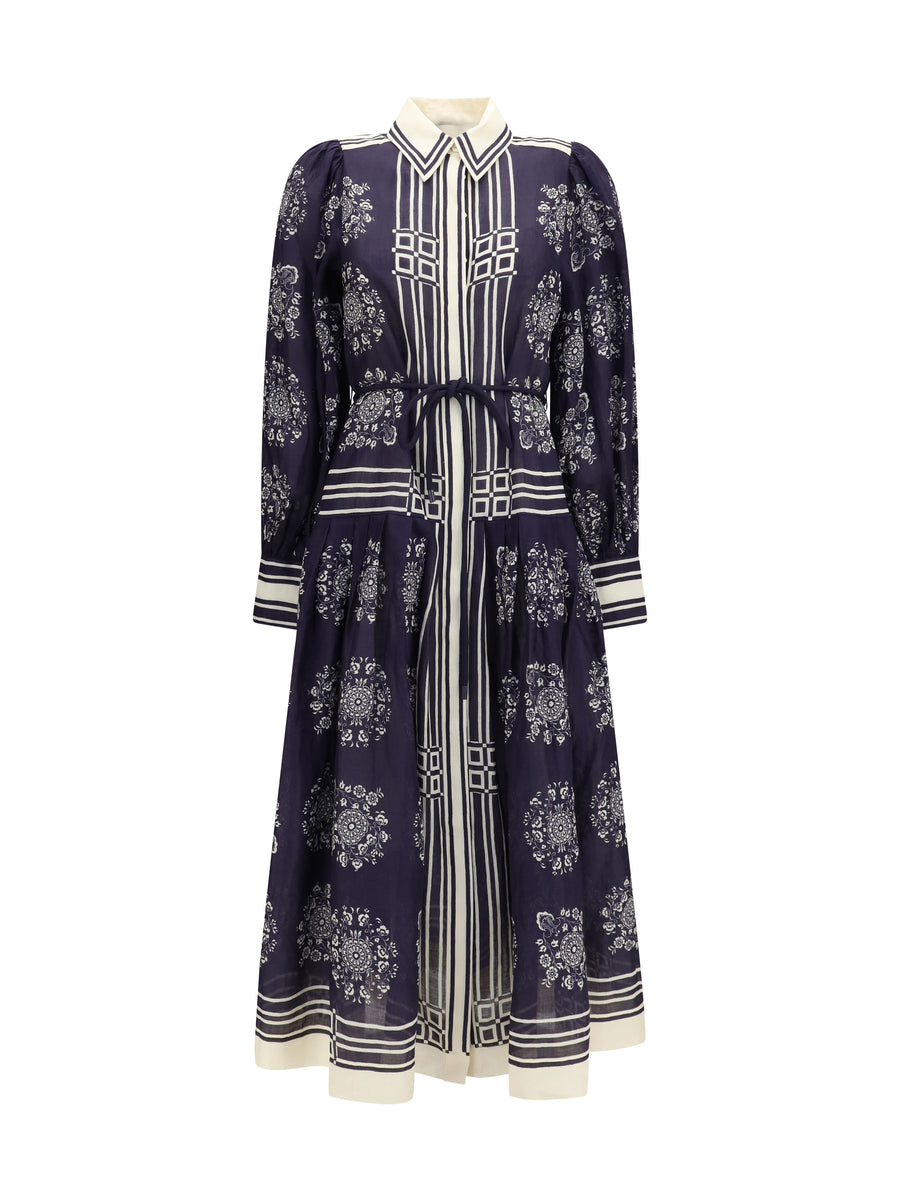 Midi Shirt Dress Banderra Floral Print Ink Ramie