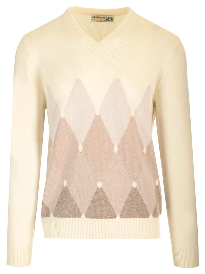 Double Yarn Cashmere Diamond Sweater White