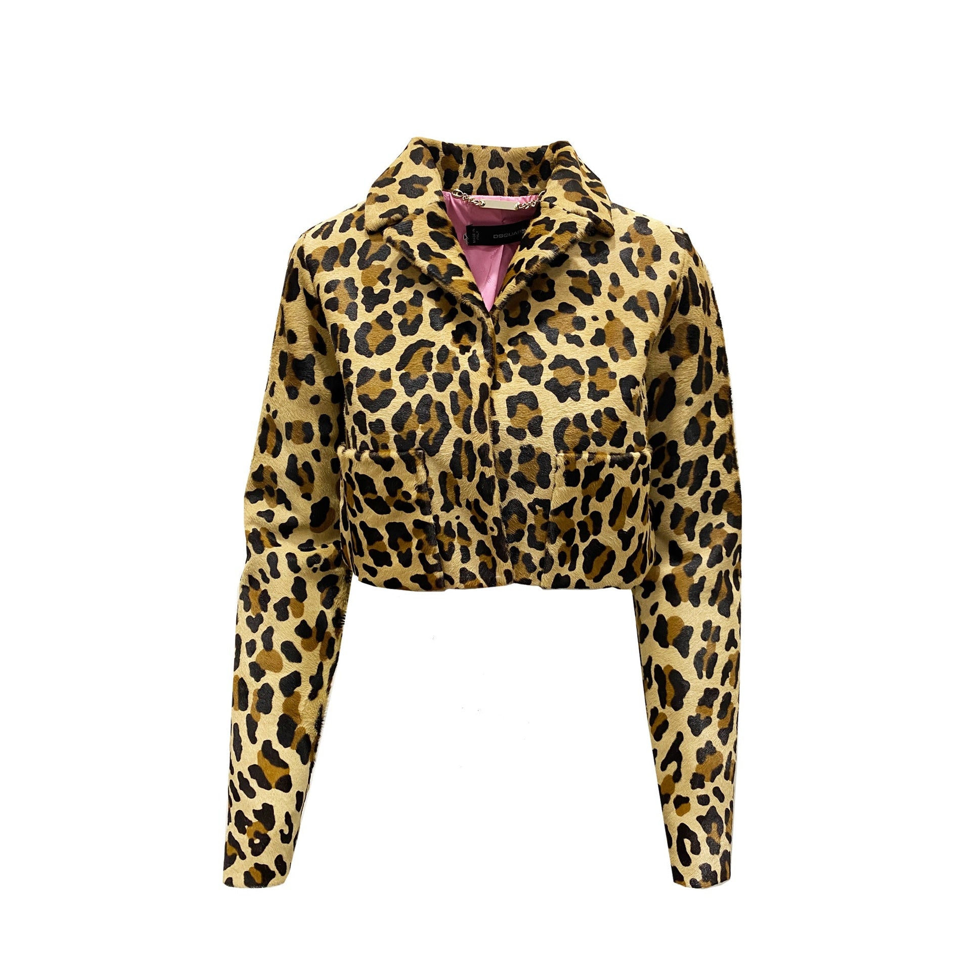 Leopard Calf Hair Cropped Jacket Brown Leather
