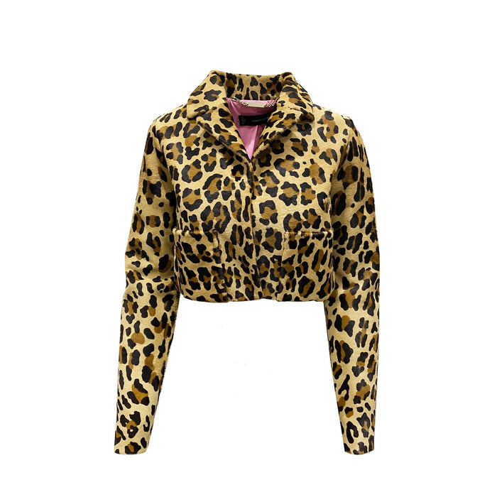 Leopard Calf Hair Cropped Jacket Brown Leather
