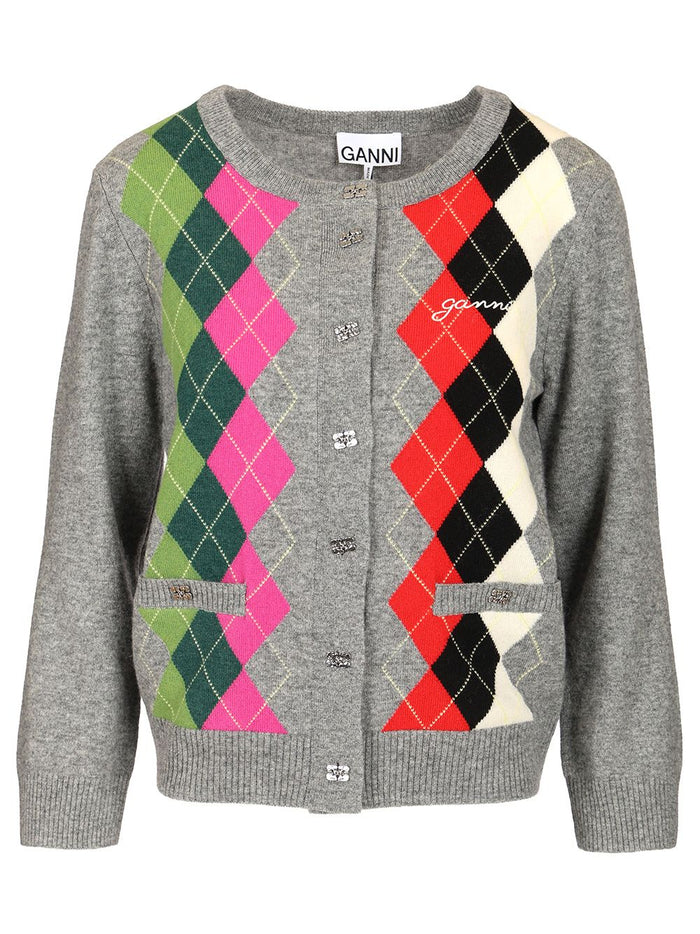 Checked Cardigan Grey Merino Wool Cashmere