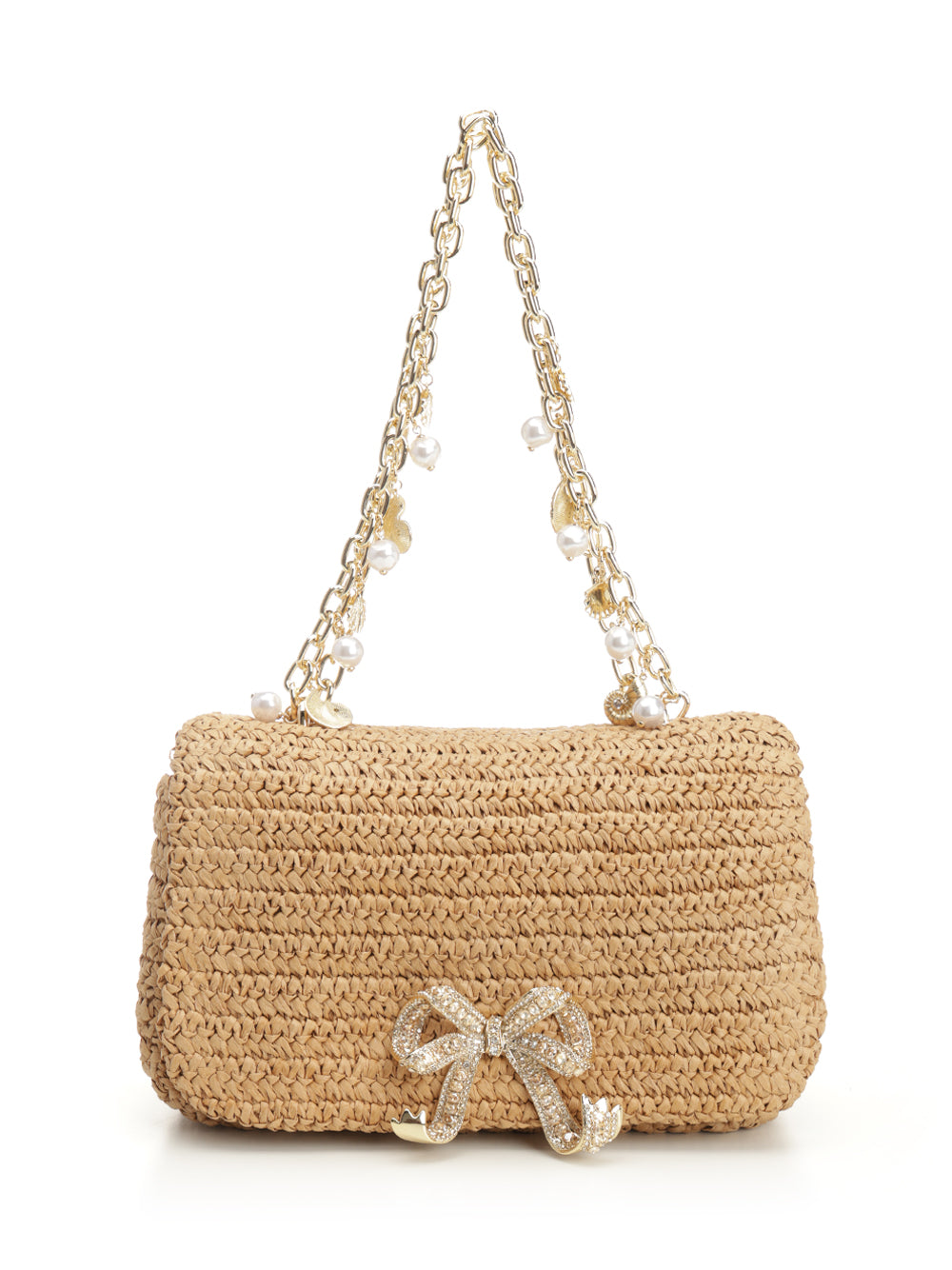 Raffia Bow Charm Shoulder Bag Brown Handbags