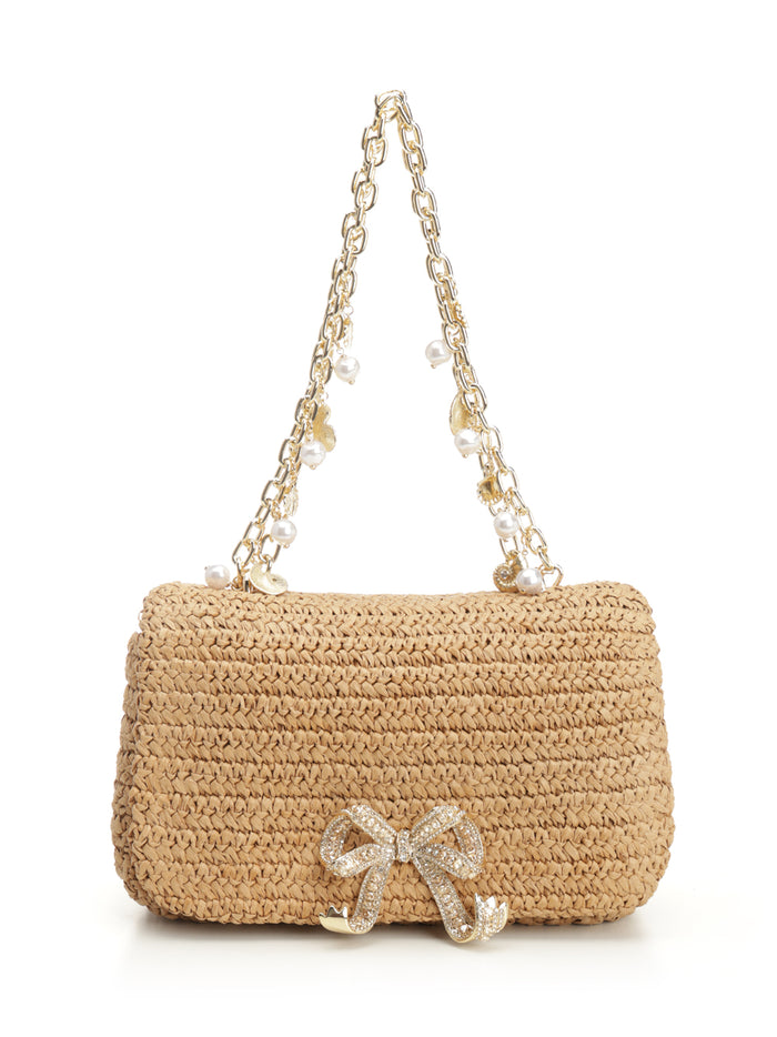 Raffia Bow Charm Shoulder Bag Brown Handbags