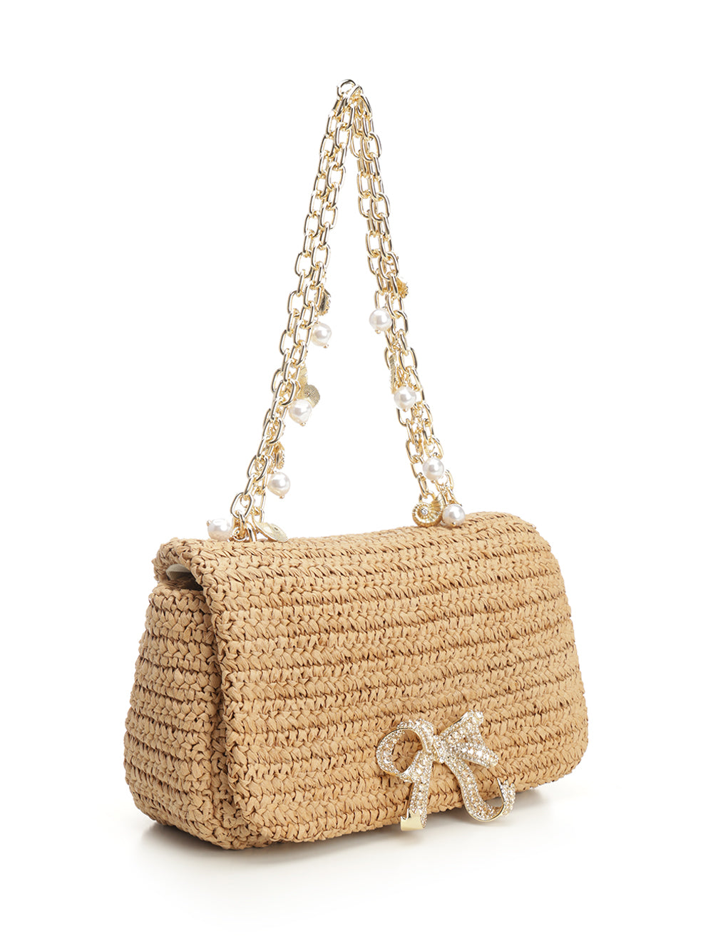 Raffia Bow Charm Shoulder Bag Brown Handbags