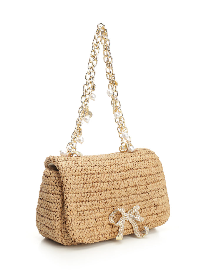 Raffia Bow Charm Shoulder Bag Brown Handbags