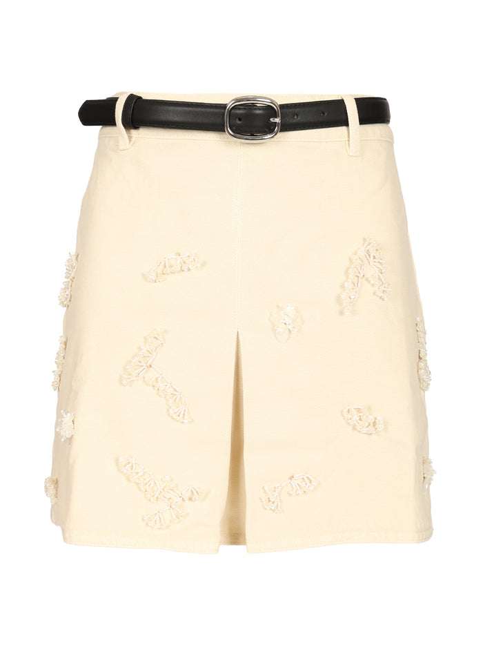 Beaded floral denim mini skirt White