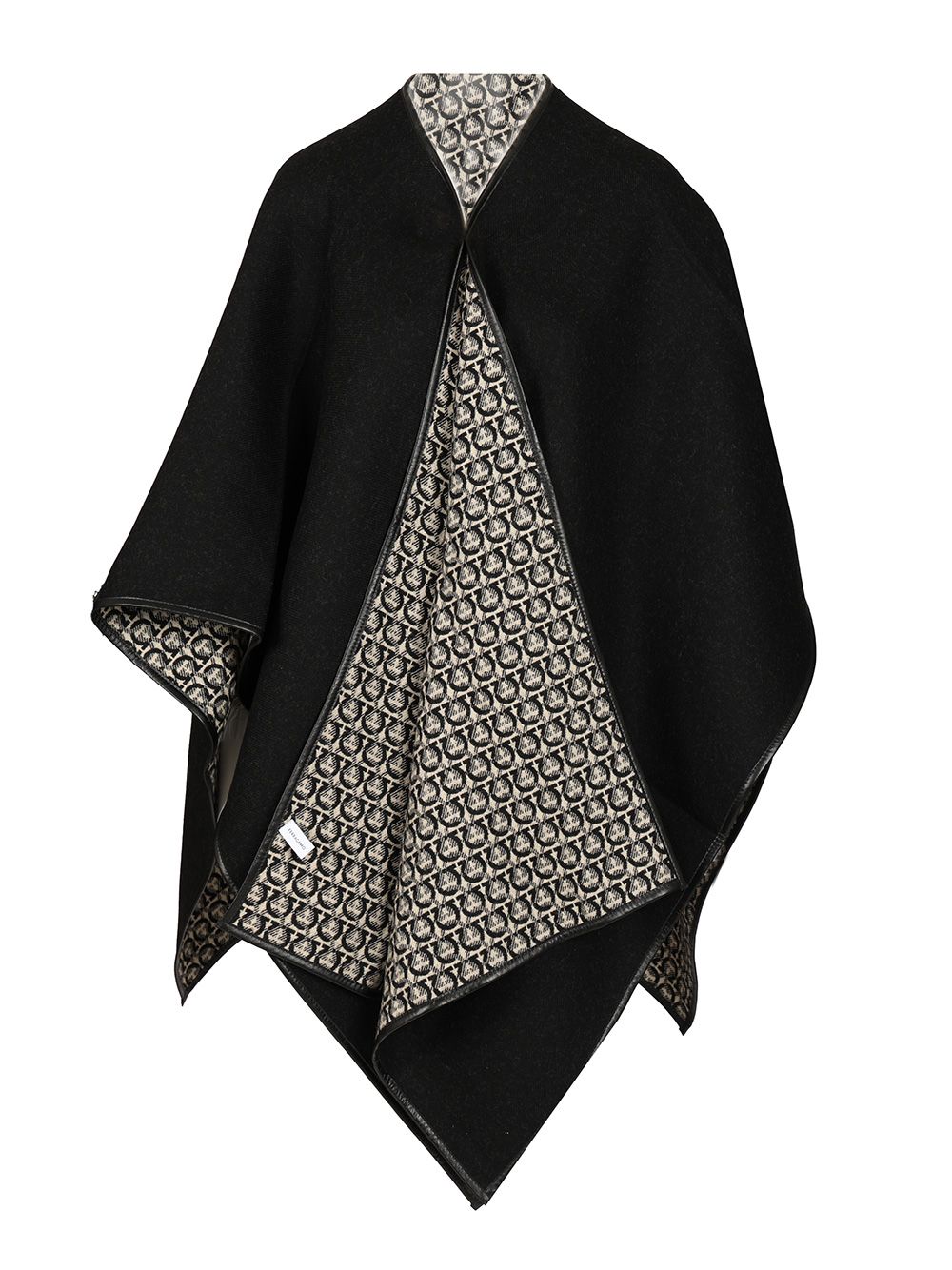 Gancini cape Black Wool+calf Leather # Scarves And Foulards
