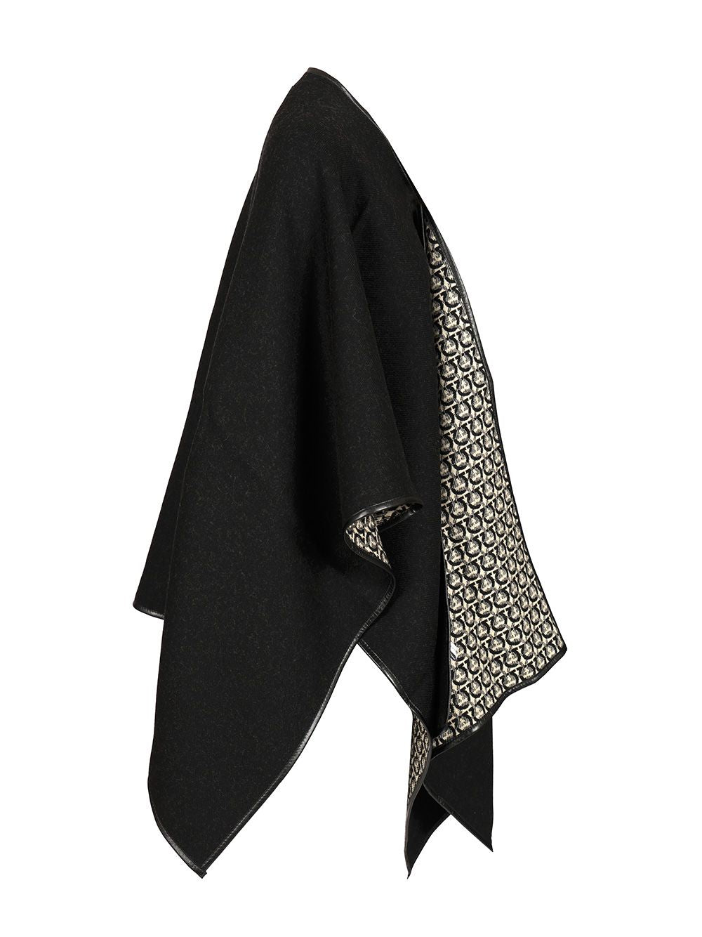 Gancini cape Black Wool+calf Leather # Scarves And Foulards