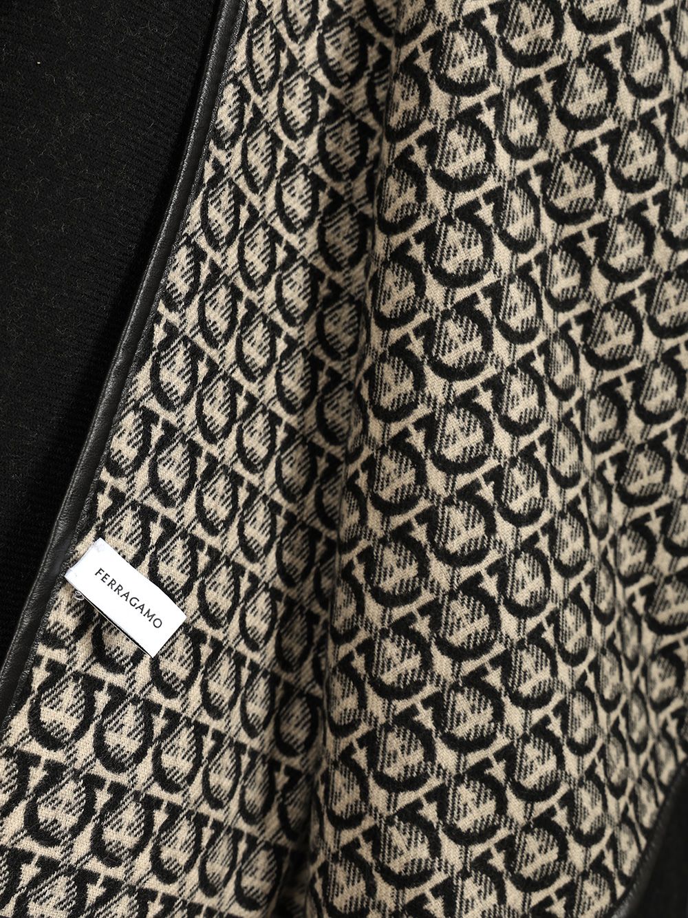 Gancini cape Black Wool+calf Leather # Scarves And Foulards