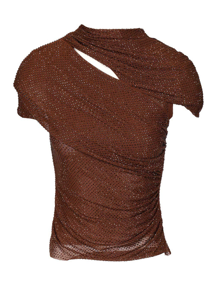 Rhinestone Knit Top Brown Main : Pes Ea Lining Tops