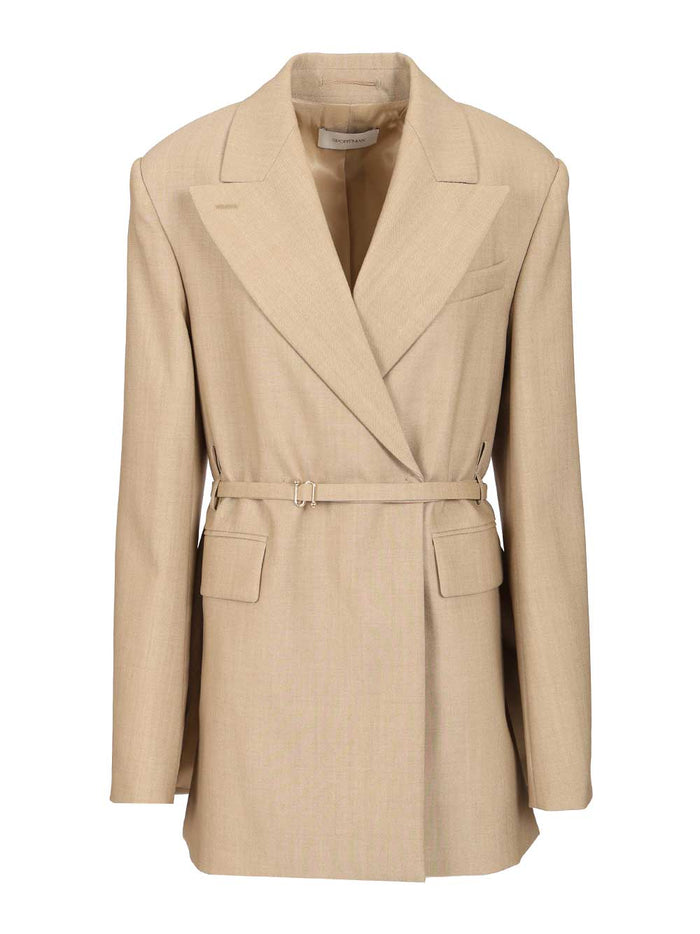 Long Double-Breasted Wool Blazer Beige Virgin Ovis Aries Jacket