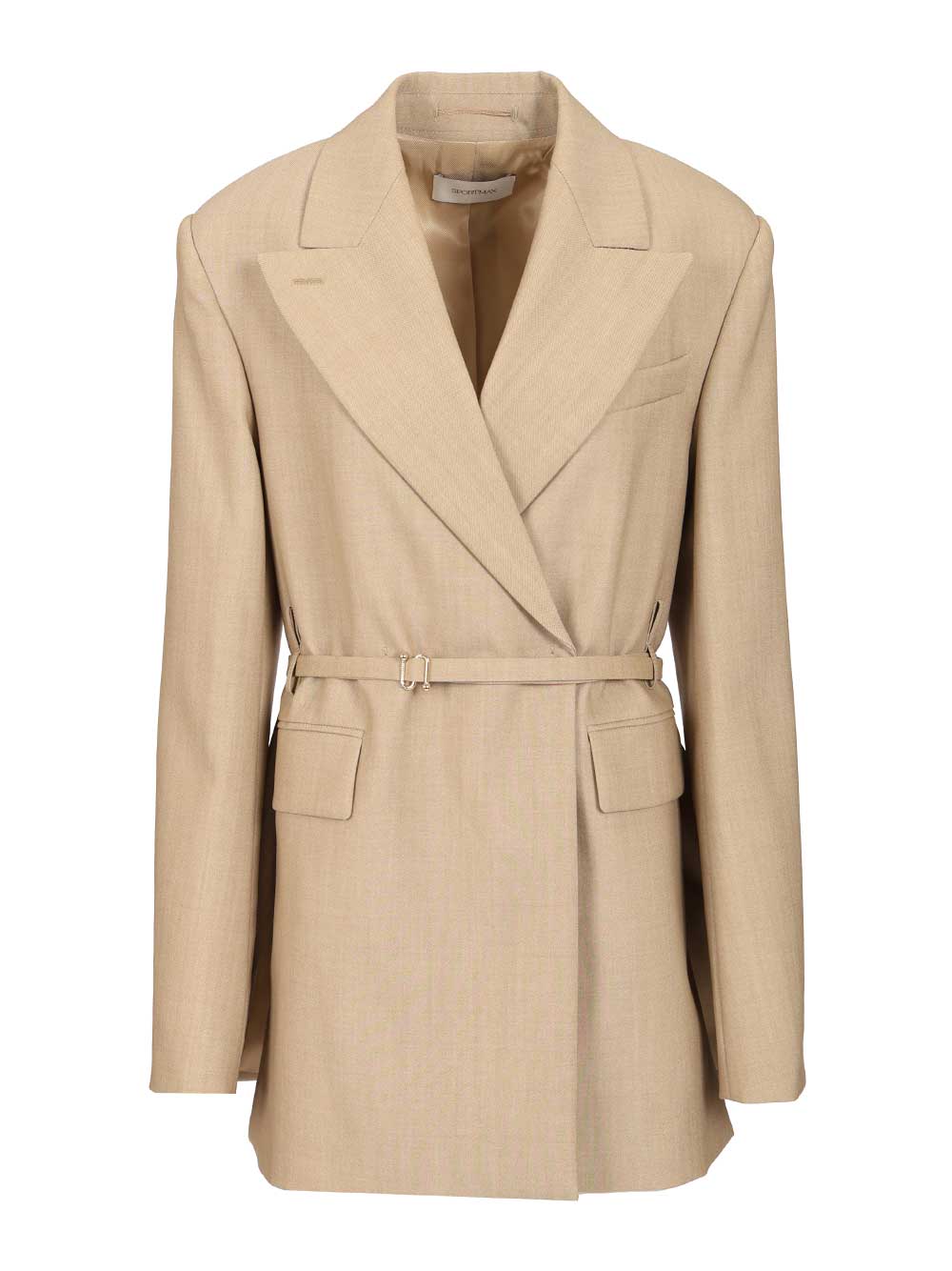 Long Double-Breasted Wool Blazer Beige Virgin Ovis Aries Jacket