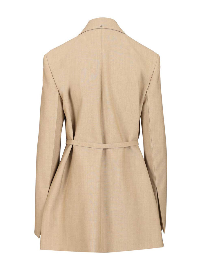Long Double-Breasted Wool Blazer Beige Virgin Ovis Aries Jacket