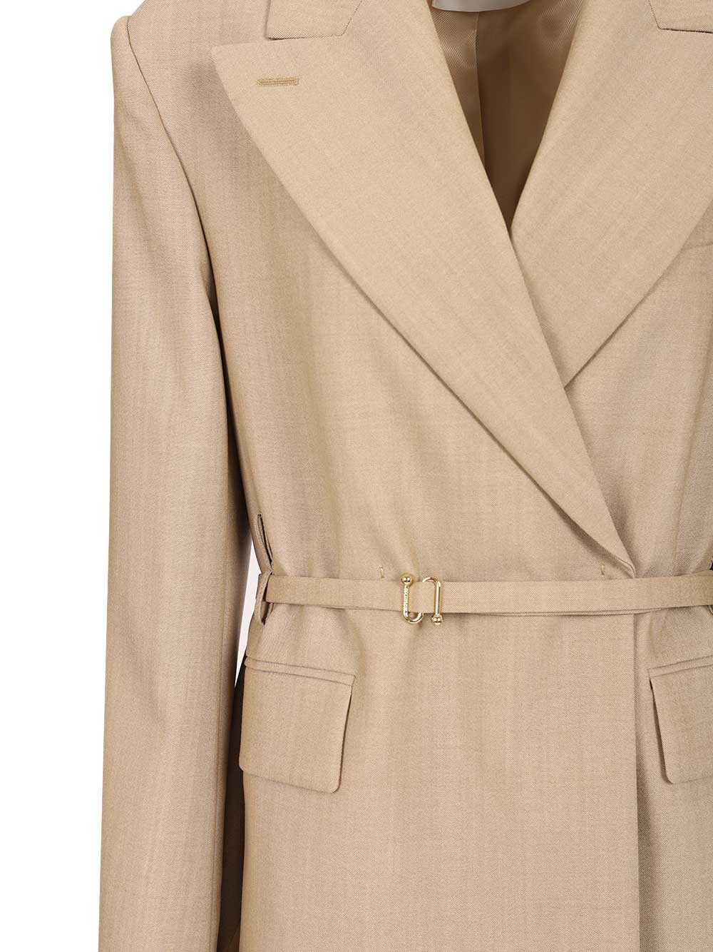 Long Double-Breasted Wool Blazer Beige Virgin Ovis Aries Jacket