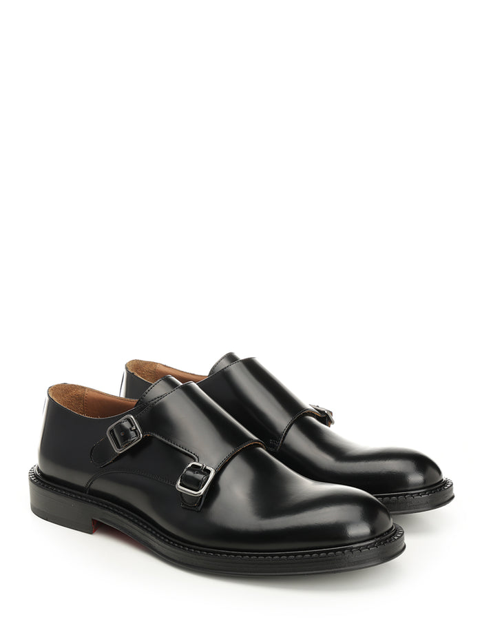 Black Brushed Leather Double Monk Calf Loafers