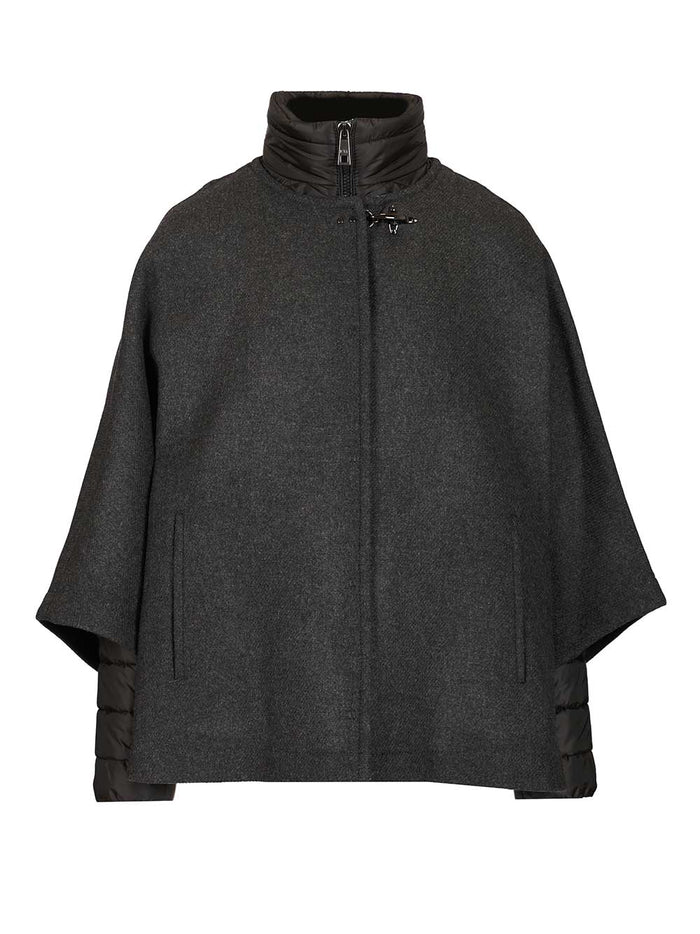 Double Cap with Quilted Details Grey Wool Coat