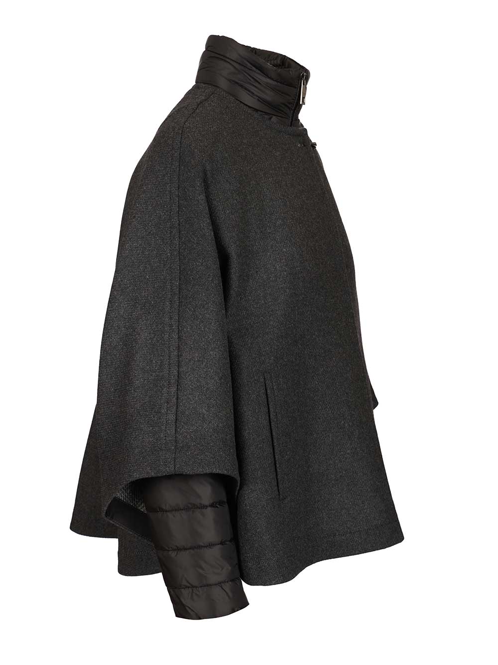 Double Cap With Quilted Details Grey Wool Coat