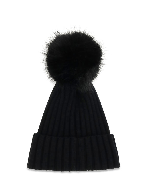 Wool Beanie With Pompon Black Virgin Hat