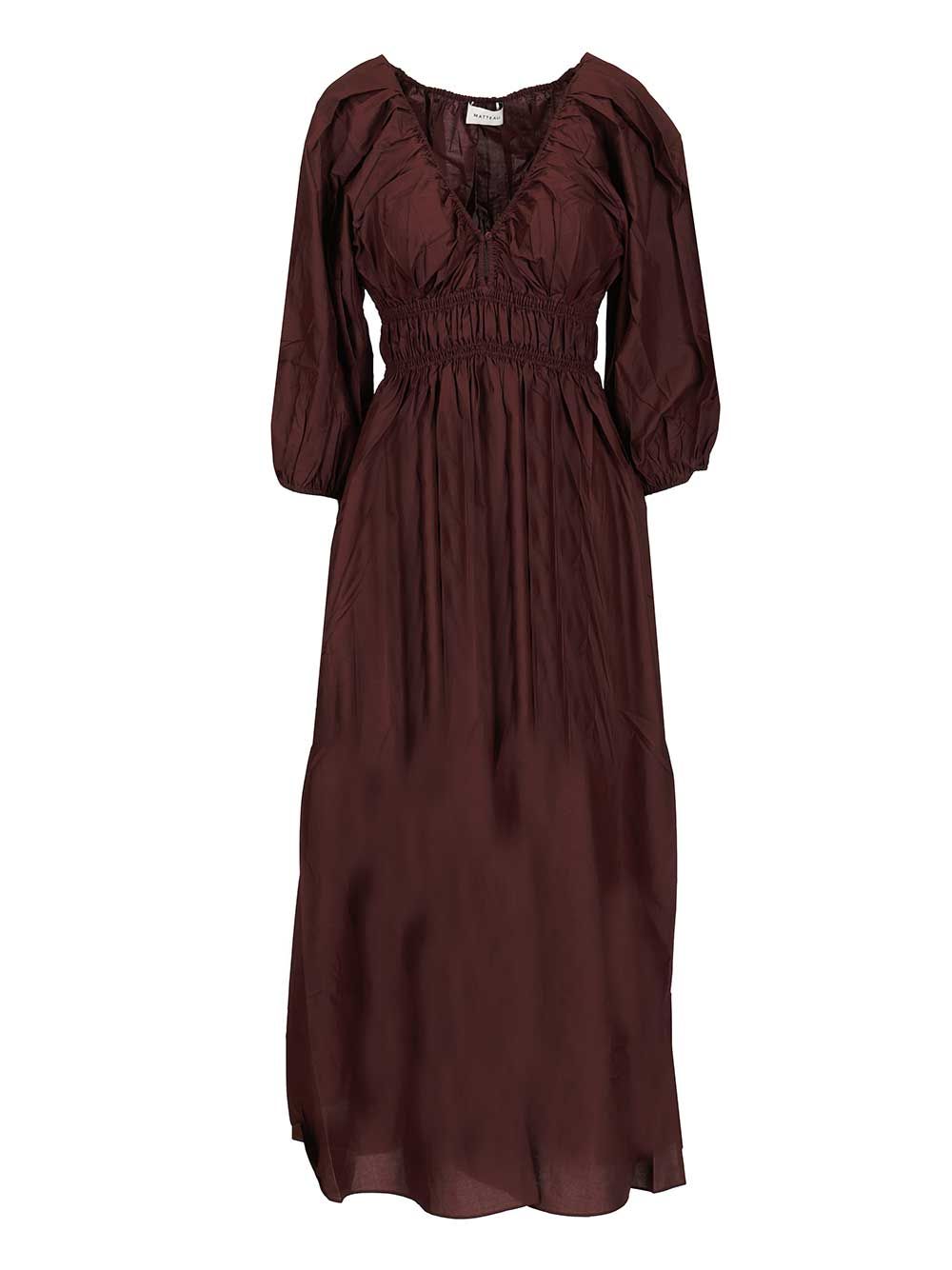 Shirred Plunge Button Dress Bordeaux Organic Cotton