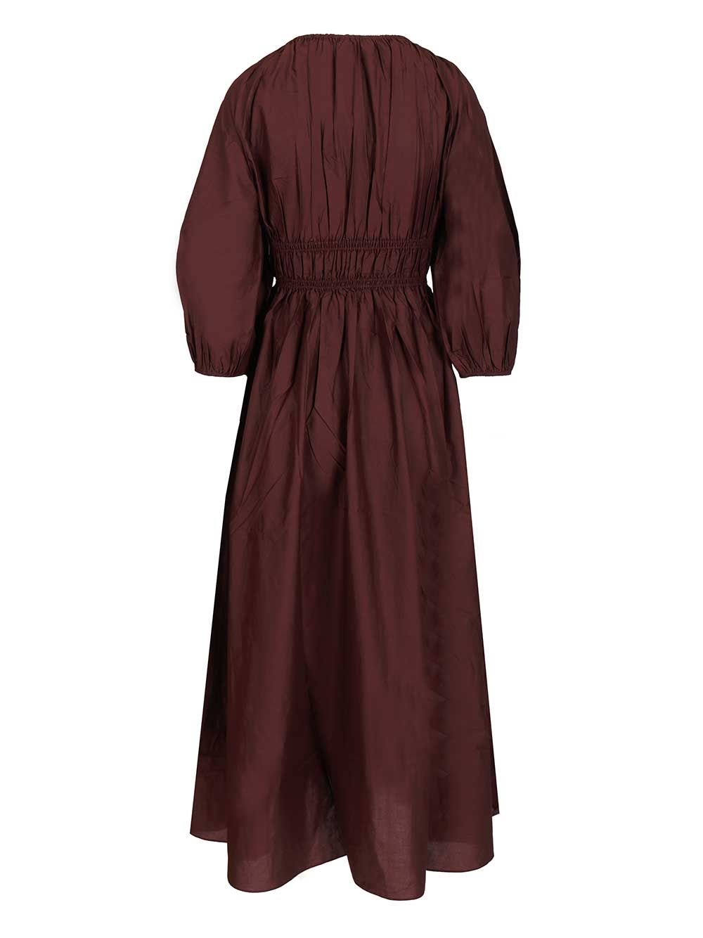 Shirred Plunge Button Dress Bordeaux Organic Cotton