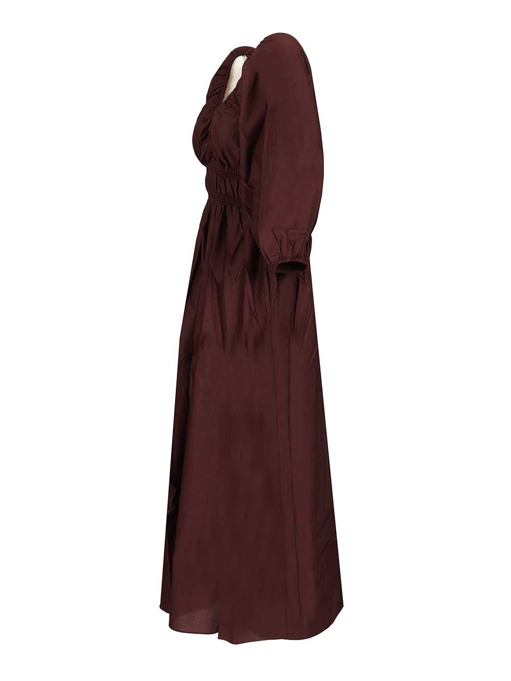 Shirred Plunge Button Dress Bordeaux Organic Cotton
