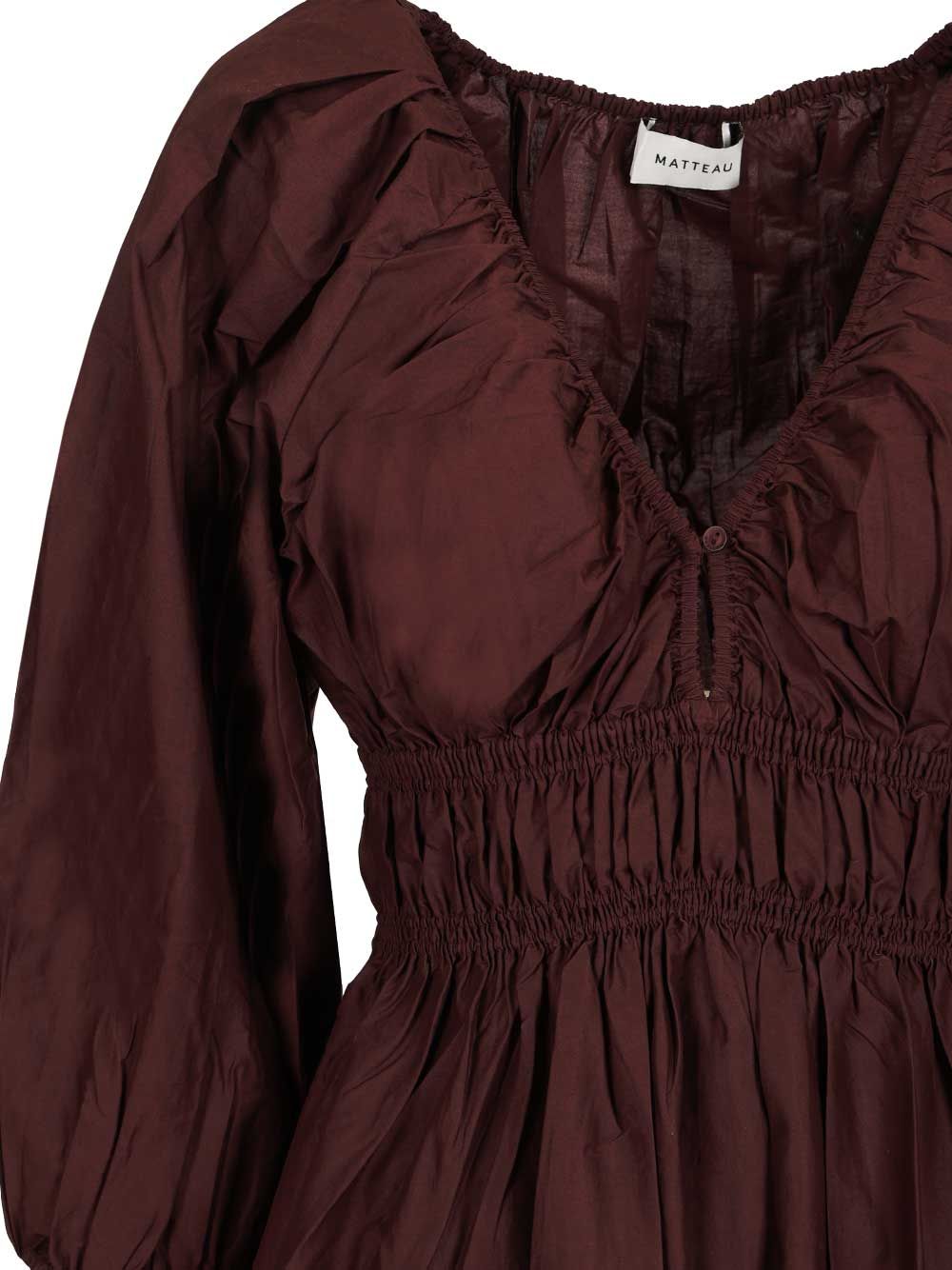 Shirred Plunge Button Dress Bordeaux Organic Cotton
